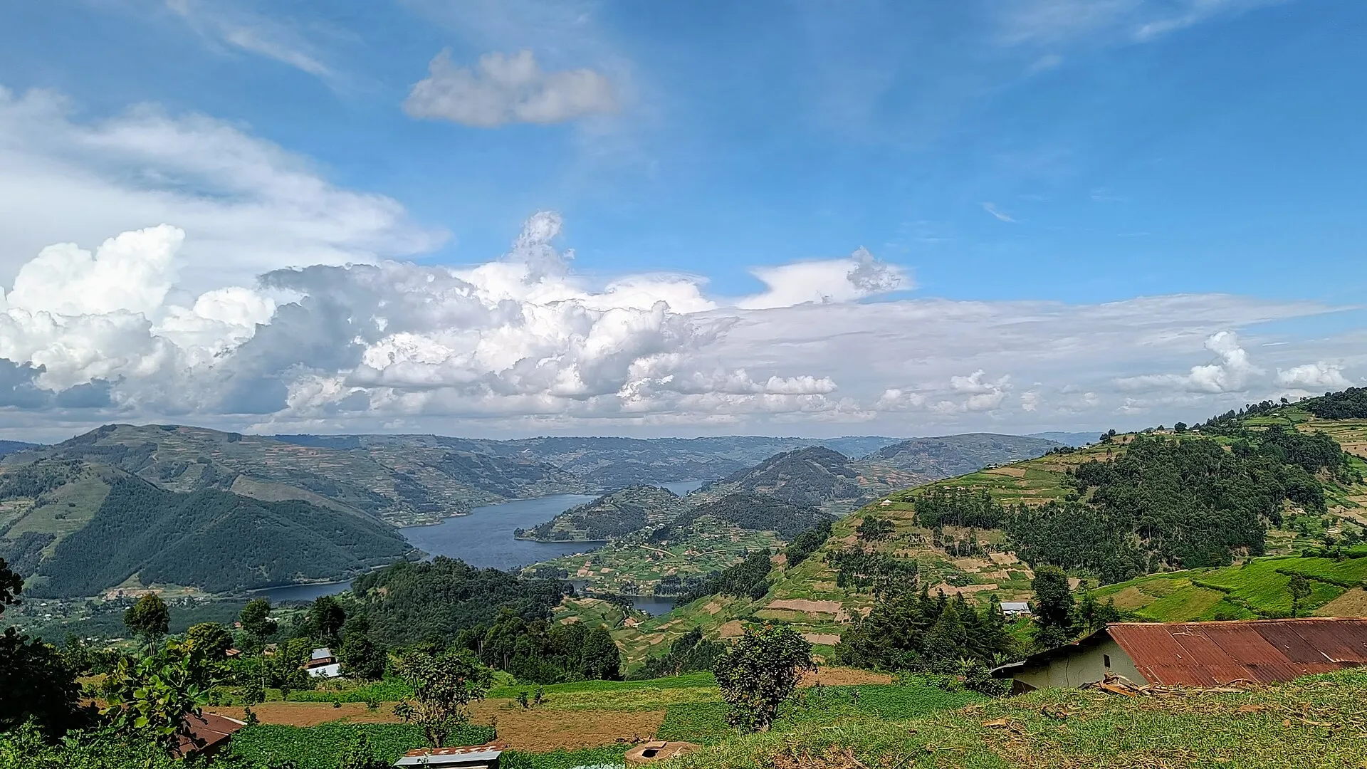 Terraced hills and islands around Lake Bunyonyi in Kabale District