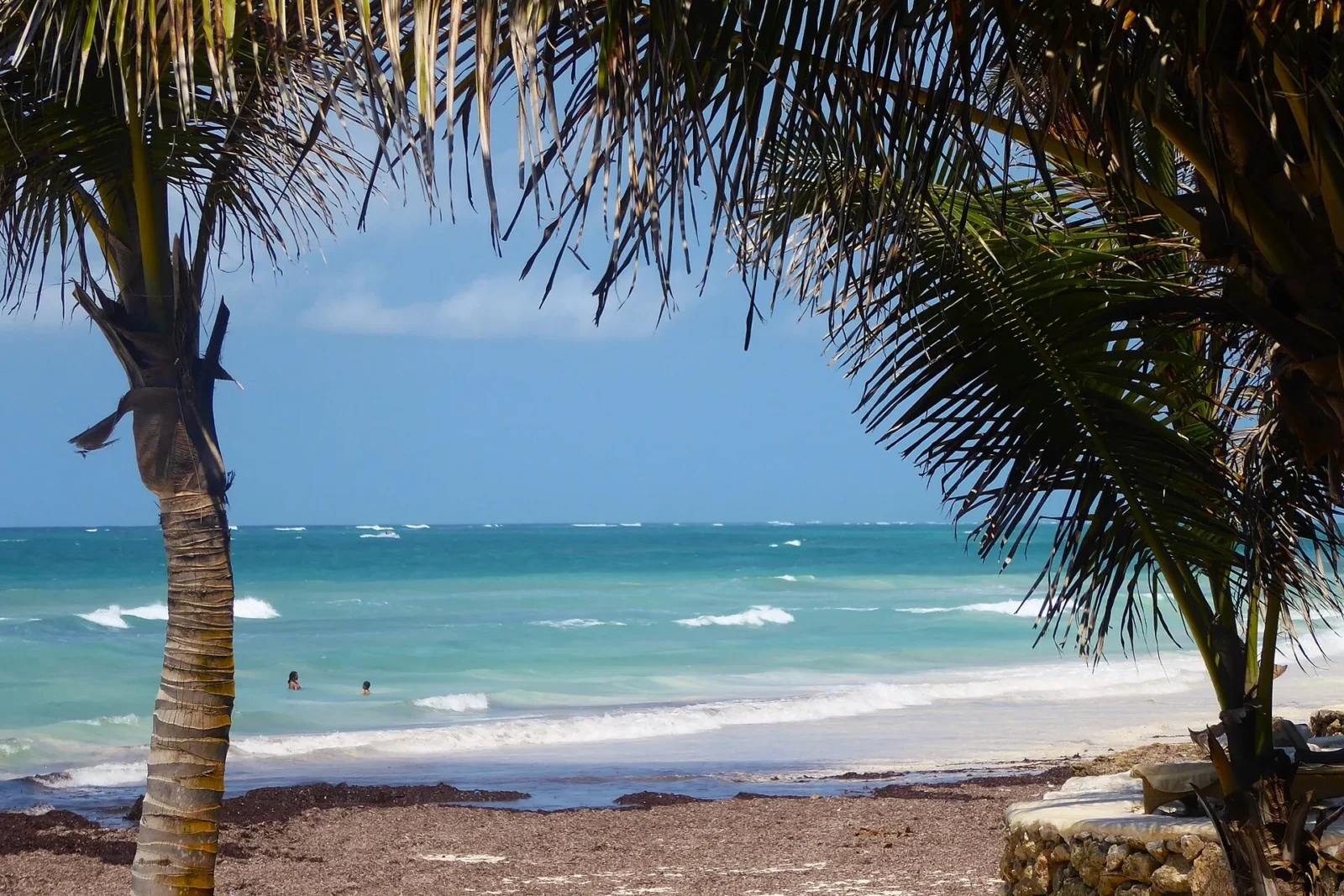 Palm trees framing the turquoise sea at Diani Beach on Kenya’s south coast