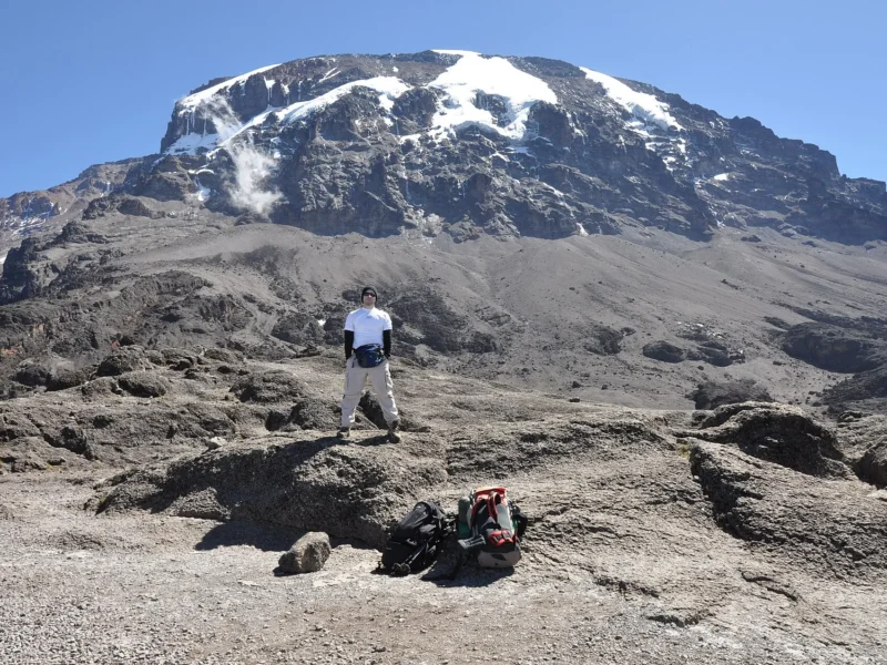 Kibo’s glaciated summit seen from the top of the Barranco Wall on Kilimanjaro