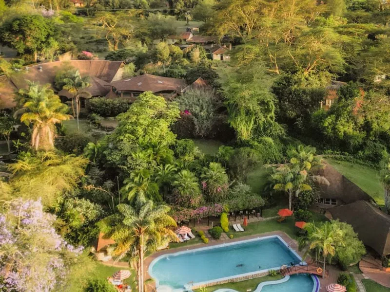 Aerial view of the cottages and pools at Lake Naivasha Sopa Resort
