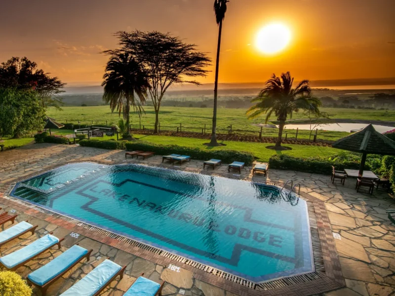Swimming pool at Lake Nakuru Lodge at sunset