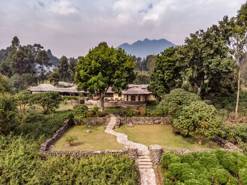 Mount Gahinga Lodge bandas and gardens below the Virunga volcanoes