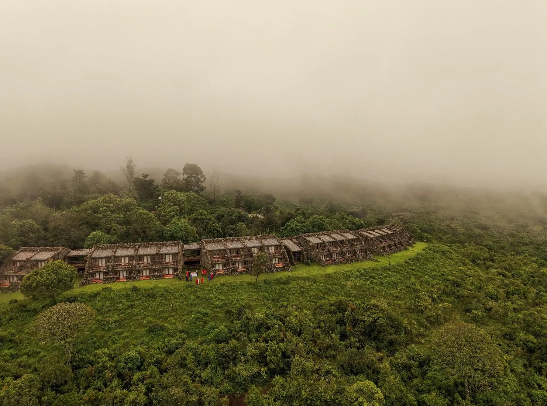 Aerial view of Ngorongoro Serena Safari Lodge on the crater rim