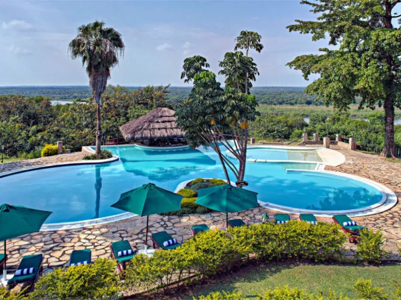 Swimming pool and grounds at Paraa Safari Lodge
