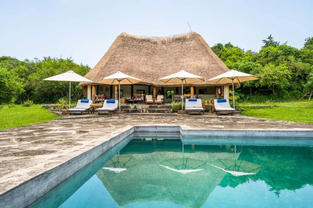 Pool and thatched main lodge at Semliki Safari Lodge