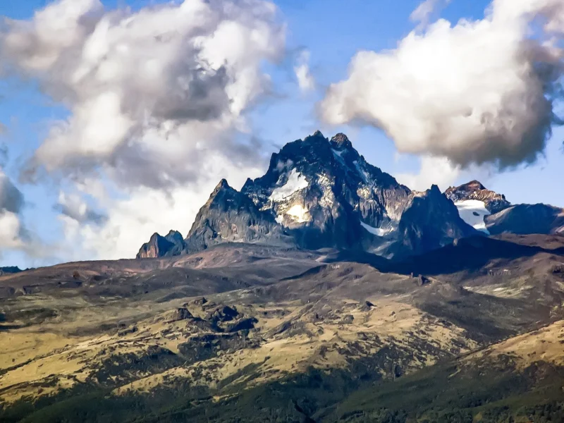 The jagged peaks of Mount Kenya above the moorland