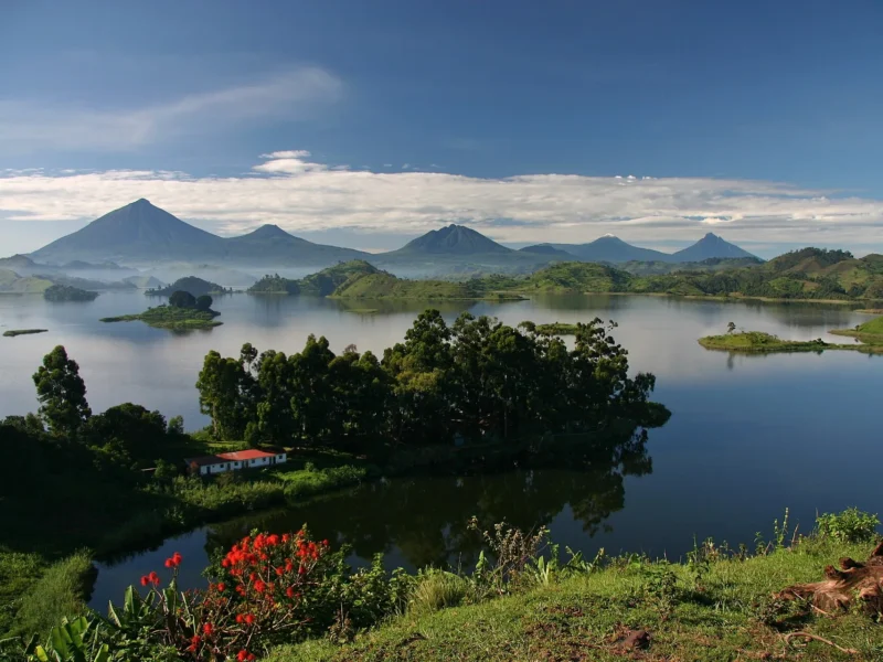 Lake Mutanda with the Virunga volcanoes behind