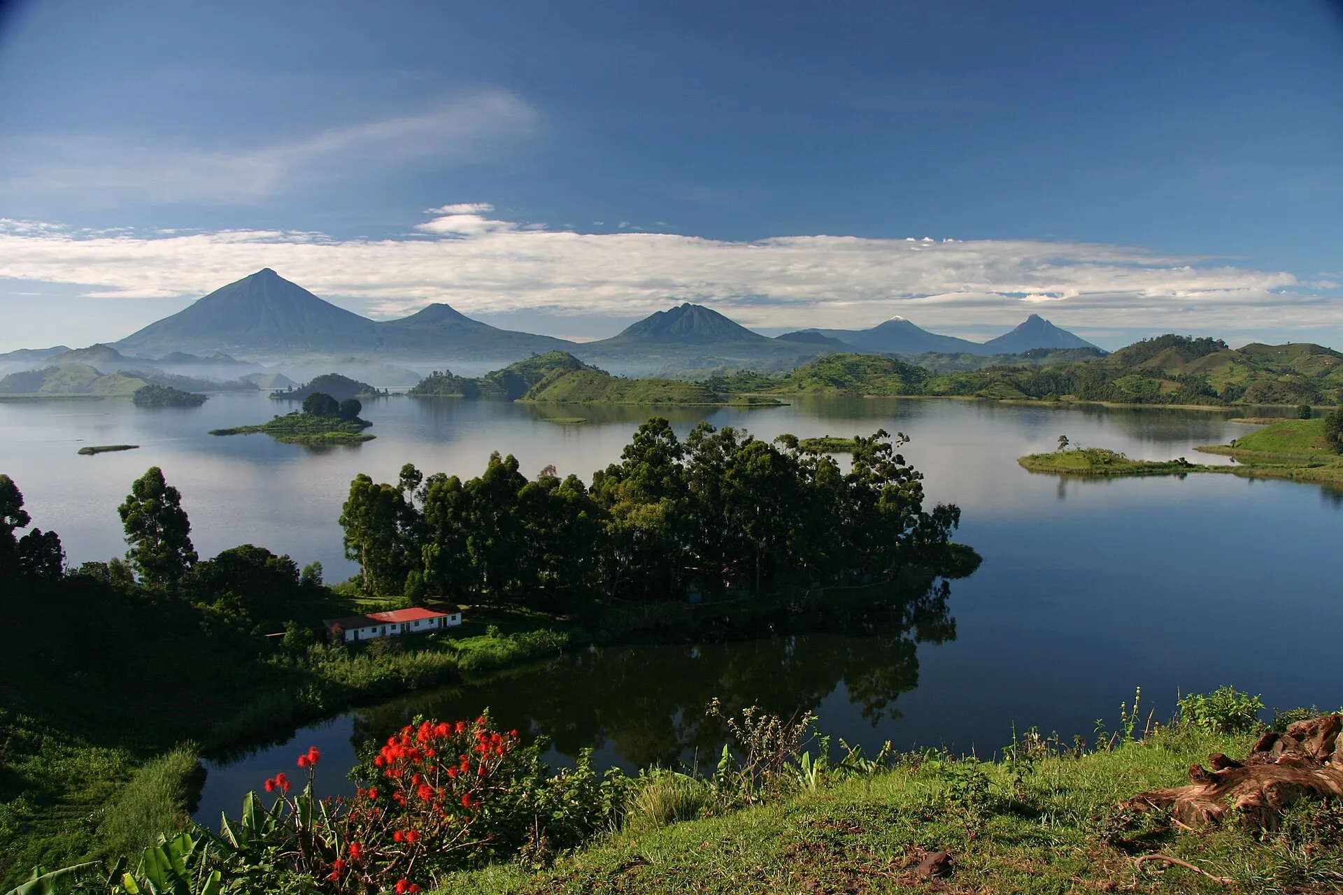 Lake Mutanda with the Virunga volcanoes behind