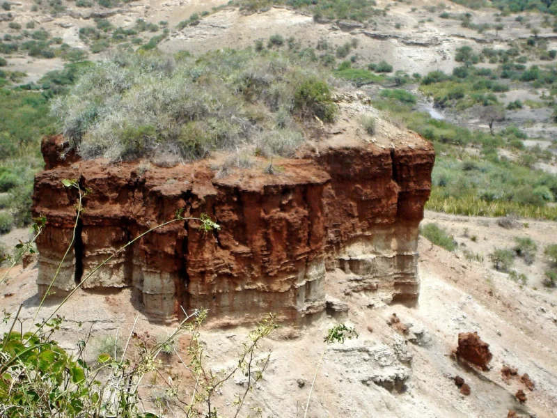 The layered rock formation at Olduvai Gorge, Tanzania