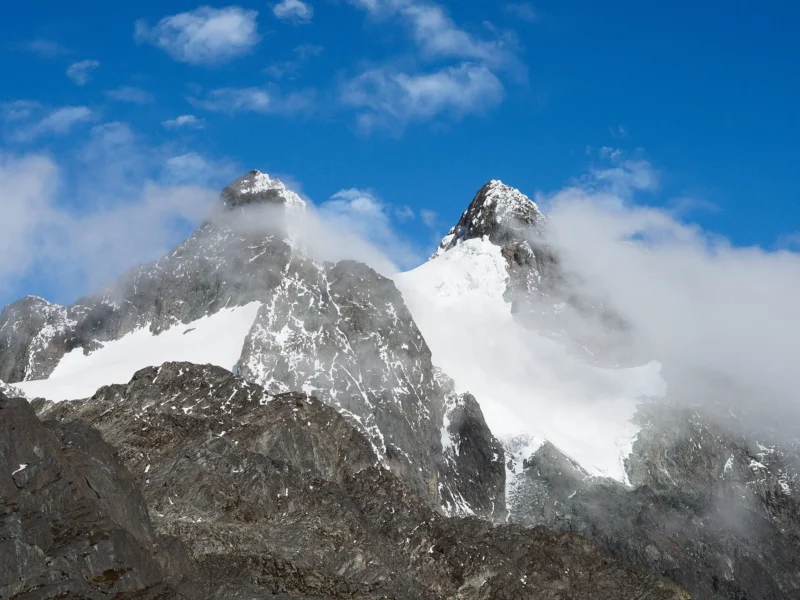 Snow and glaciers on Alexandra and Margherita peaks in the Rwenzori Mountains